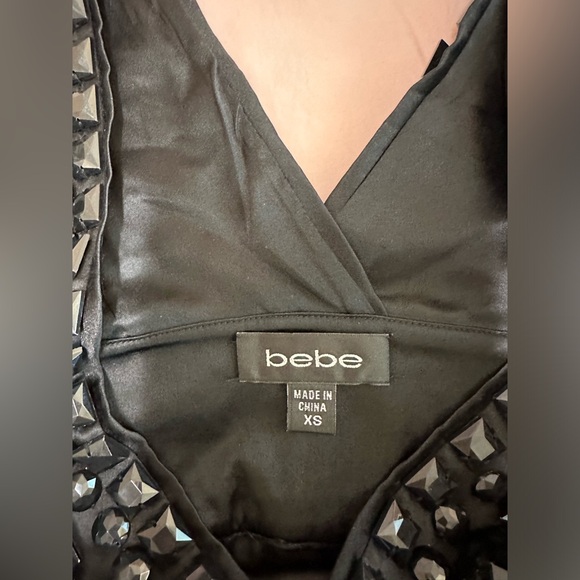 Bebe Black Bejeweled Silk V-Neck Mini Dress - Picture 2 of 3
